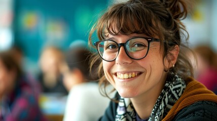 portrait cheerfully of teacher in the class