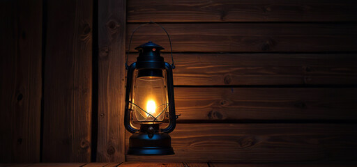 Vintage oil Lamp on a wooden cabin background, kerosene lamp on dark wooden cabin