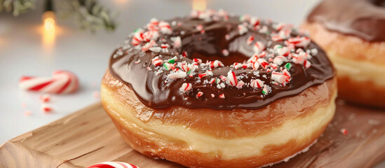 A donut with chocolate icing and crushed candy cane pieces, perfect for a holiday-themed National Donut Day. 32k, full ultra HD, high resolution - Powered by Adobe