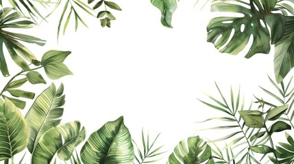 Design of tropical foliage including painted leaves and vines on a white background with space for text