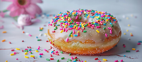 A donut with rainbow-colored icing and sprinkles, highlighting the festive spirit of National Donut Day. 32k, full ultra HD, high resolution.