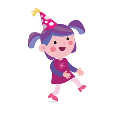 Cute little girl with cap. Birthday. Cartoon vector isolated illustration for design. 