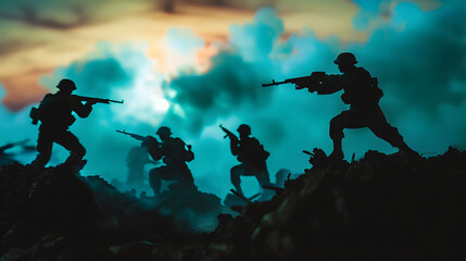 Fototapeta premium War Concept Military silhouettes fighting scene on war fog sky background World War Soldiers Silhouette Below Cloudy Skyline At night Battle in ruined city Selective focus : Generative AI