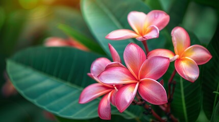 Naklejka premium Artistic close-up of tropical Plumeria flowers against a backdrop of green foliage, highlighting detail for advertising purposes