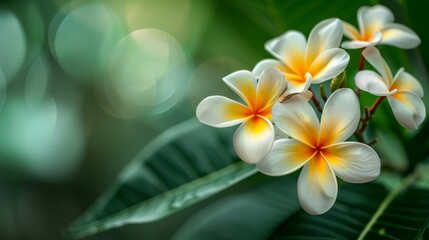 Fototapeta premium Artistic close-up of tropical Plumeria flowers against a backdrop of green foliage, highlighting detail for advertising purposes