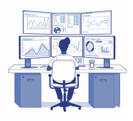 Homme travaillant à son bureau devant un ordinateur et 6 écrans différents pour analyser des données et des graphismes. Image bleue gris, sur fond blanc. Télétravail, informaticien, analyste, finance