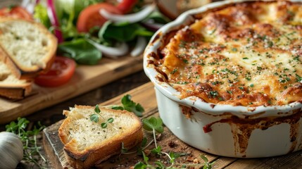 Artistic close-up of lasagna with fresh salad and garlic bread on the side, emphasized for clarity and appeal in advertising, isolated background
