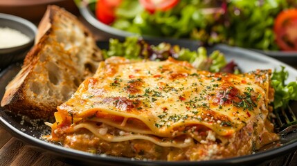 Artistic close-up of lasagna with fresh salad and garlic bread on the side, emphasized for clarity and appeal in advertising, isolated background