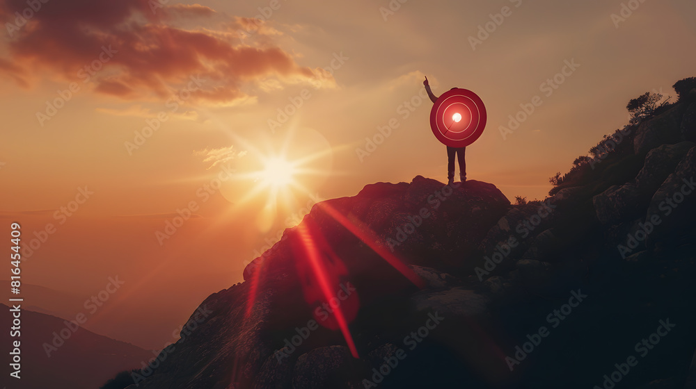 Poster Silhouette of businessman holding a target board on top of mountain Concept of aim and objective achievement : Generative AI