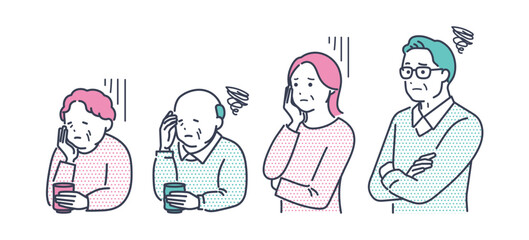 困った表情のシニア夫婦と高齢者夫婦。男女の上半身ベクターイラスト素材