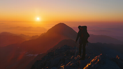 One Man reaching summit after climbing and hiking enjoying freedom and looking towards mountains silhouettes panorama during sunrise : Generative AI