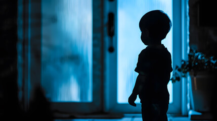 A Silhouette Of A Small Boy In Front Of A Door : Generative AI