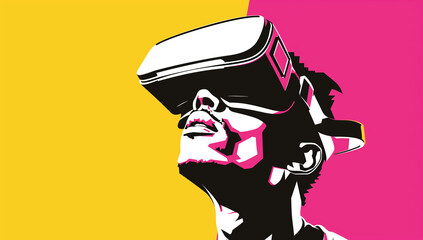 homme portant sur le visage un casque de réalité augmentée ou réalité virtuelle et regardant vers le haut. Illustration ultra colorée, style pop, avec espace négatif copyspace