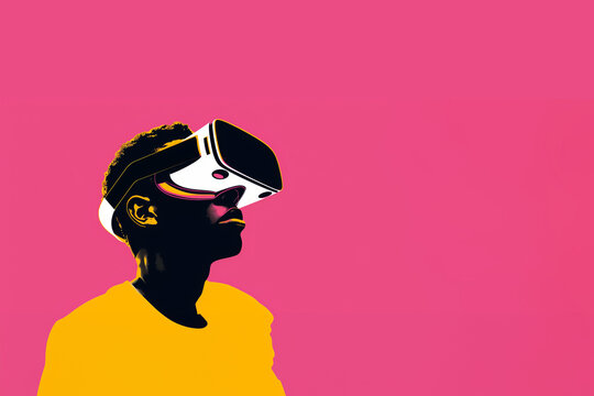 homme noir de peau portant sur le visage un casque de r&eacute;alit&eacute; augment&eacute;e ou r&eacute;alit&eacute; virtuelle et regardant vers le haut. Illustration ultra color&eacute;e, style pop, avec espace n&eacute;gatif copyspace
