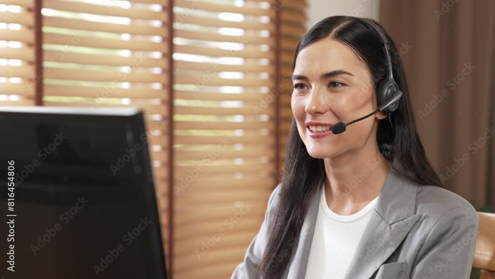 Aufkleber female call center operator or customer service helpdesk staff working on workspace while talking on