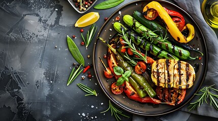 Roasted green grilled vegetables in plate on stainless background top view flat lay shooting close...