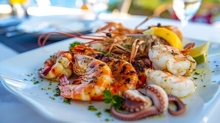 Seafood platter grilled lobster shrimps scallops langoustines octopus squid on white plate
