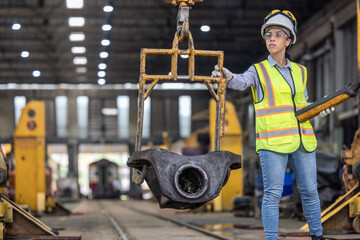 Maintenance engineer uses machine to lift and replace locomotive parts, reducing carbon emissions.