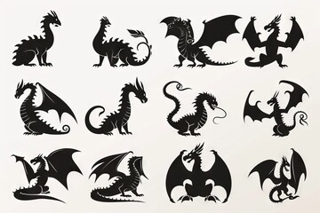 Fototapeta premium Silhouettes of dragons, depicted in various shapes and sizes, appear as black vector icons against a white backdrop. These designs embrace a straightforward style, characterized by flat colors