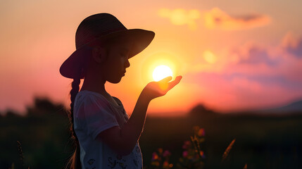 Silhouette of dreaming little girl in hat pulls hand to warm sun Religion helping hand Preteen child enjoy beautiful summer nature during amazing sunset or sunrise Prayer in religion c : Generative AI
