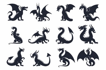 Silhouettes of dragons, depicted in various shapes and sizes, appear as black vector icons against a white backdrop. These designs embrace a straightforward style, characterized by flat colors