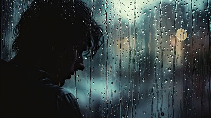 A solitary figure gazing out of a rain-streaked window, lost in thought, representing suicidal ideation