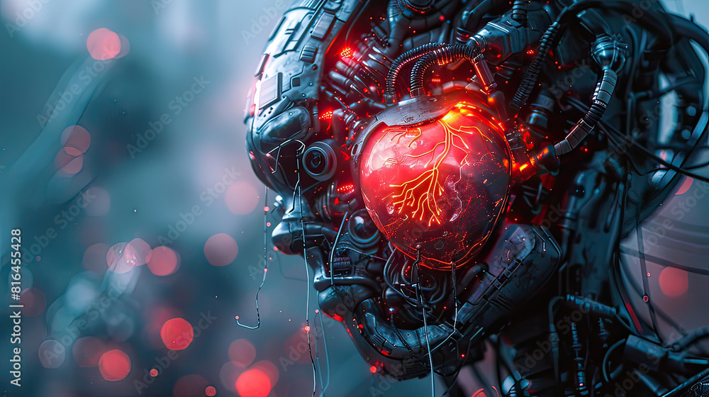 Poster a cybernetic organism with a visible cpu heart, illustrated in a dark fantasy style with sharp contr