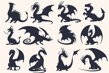 Obraz premium Silhouettes of dragons, depicted in various shapes and sizes, appear as black vector icons against a white backdrop. These designs embrace a straightforward style, characterized by flat colors