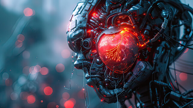 A cybernetic organism with a visible CPU heart, illustrated in a dark fantasy style with sharp contrasts and glowing red elements.