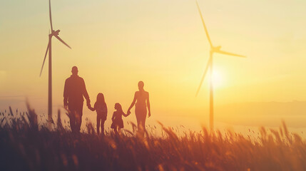 Silhouettes of Happy family father mother and child daughter for hand and looking on windmill field at sunrise windmills for electricity generation at sunrise by producing sustainable  : Generative AI