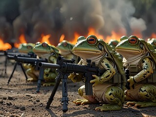 Fototapeta premium A bright green tree frog with bulging red eyes sits on a tropical leaf