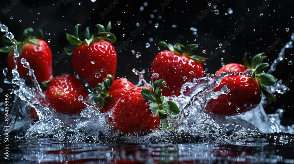 Poster cluster of ripe strawberries diving into a deep black pool creating a splash of red