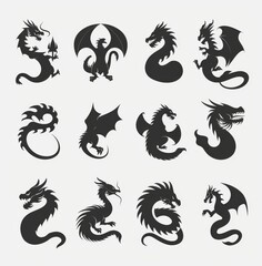 Silhouettes of dragons, depicted in various shapes and sizes, appear as black vector icons against a white backdrop. These designs embrace a straightforward style, characterized by flat colors