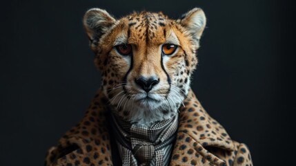 A cheetah is wearing a suit and tie and looking at the camera