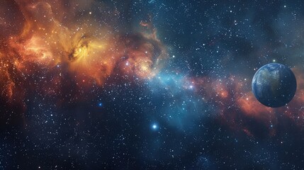 Imaginary cosmic backdrop featuring stars planets and moons in a deep interstellar space