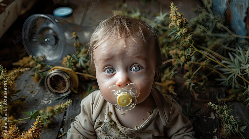 Poster an infant sitting on the floor with a toy car dashboard, pressing buttons and turning knobs, with a 