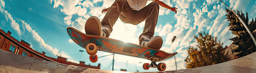 A skateboarder performing a rail grind, camera placed directly under the rail for a unique, up-close perspective of the action - Powered by Adobe