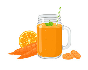 Mason jar with carrot and orange smoothie. Vector cartoon illustration of healthy drink.
