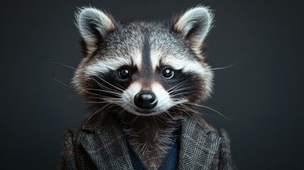 A raccoon is wearing a suit and tie and has a serious expression on its face