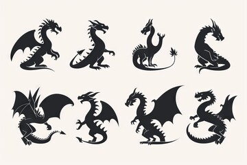 Silhouettes of dragons, depicted in various shapes and sizes, appear as black vector icons against a white backdrop. These designs embrace a straightforward style, characterized by flat colors