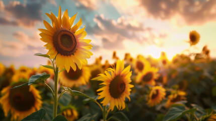 Sunflowers reach towards the sky, creating dreamy landscapes with richly colored skies and radiant colors.