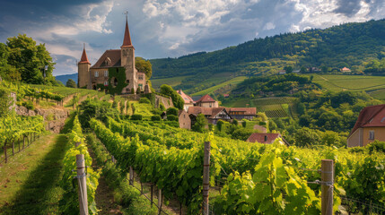 Picturesque vineyards and grapevines surround an old medieval castle, inspired by synthetism and terracotta hues.