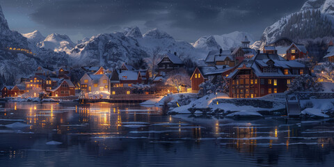 Fototapeta premium Old buildings in a winter scene are lit up at night, showcasing lush