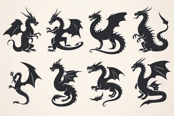Silhouettes of dragons, depicted in various shapes and sizes, appear as black vector icons against a white backdrop. These designs embrace a straightforward style, characterized by flat colors