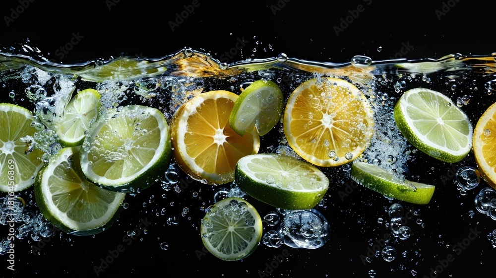 Poster bursting citrus fusion against sleek black backdrop with lemon and lime slices immersed in splashing