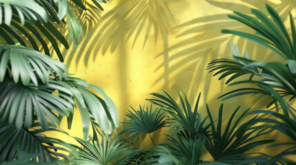 A tropical scene unfolds with palm branches against a yellow wall, casting bold shadows and creating a panorama with luminous objects.