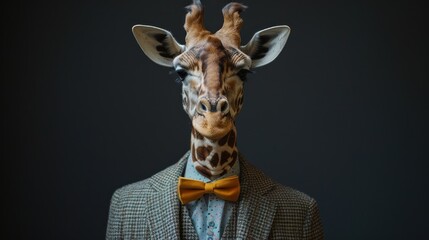 A giraffe wearing a suit and tie