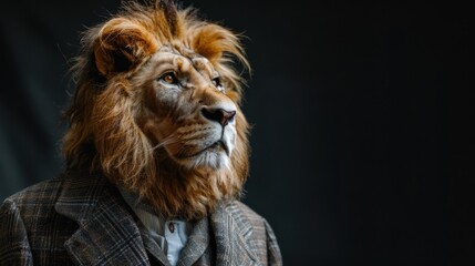 Naklejka premium A lion wearing a suit and tie is staring at the camera
