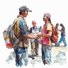 Fototapeta na wymiar Vibrant watercolor of a Christian street mission handing out meals community service and care
