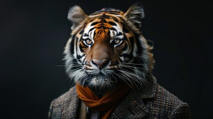 Fototapeta premium A tiger is wearing a suit and scarf and is looking directly at the camera